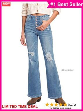 High Waisted Ripped Flare Bell Bottom Jeans Stretch Denim